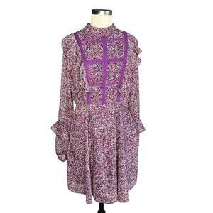 KOKO + MASON Purple Floral Ruffle Prairie Midi‎ Dress Women's Size Large NWT